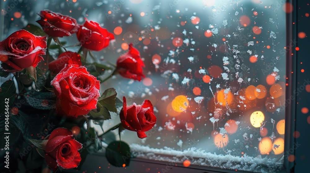 Red Roses by Frosty Window with Festive Bokeh Lights in Winter Red Roses by Frosty Window with Festive Bokeh Lights in Winter