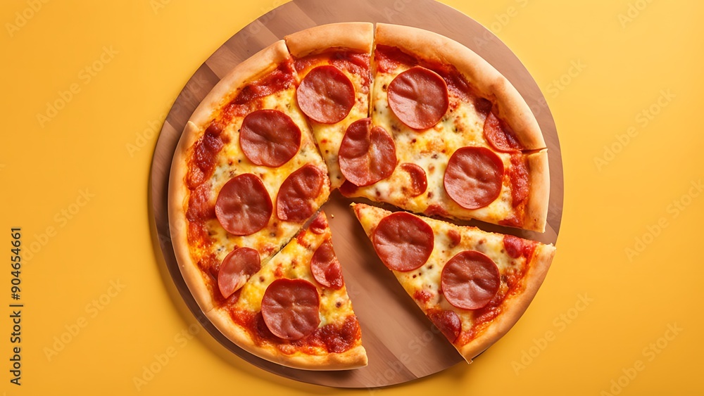 A delicious slice of pepperoni pizza soaring top view yellow background, Generative AI A delicious slice of pepperoni pizza soaring top view yellow background, Generative AI