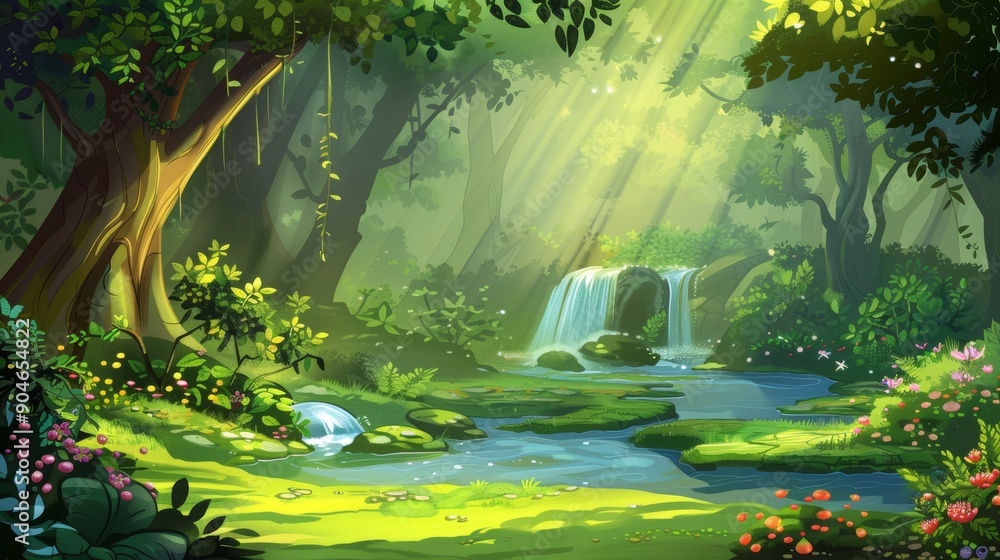 Fototapeta premium Enchanted Waterfall in a Lush Forest, digital painting, waterfall, forest, stream, nature, fantasy