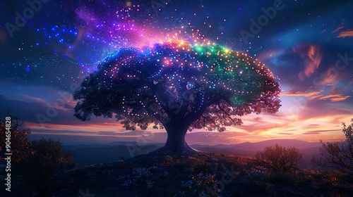 Enchanted tree with glowing lights, rainbow aura, fantasy landscape, dusk setting, wideangle shot