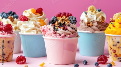 Assorted frozen yogurt cups with various toppings and flavors, arranged appealingly against a bright background photo