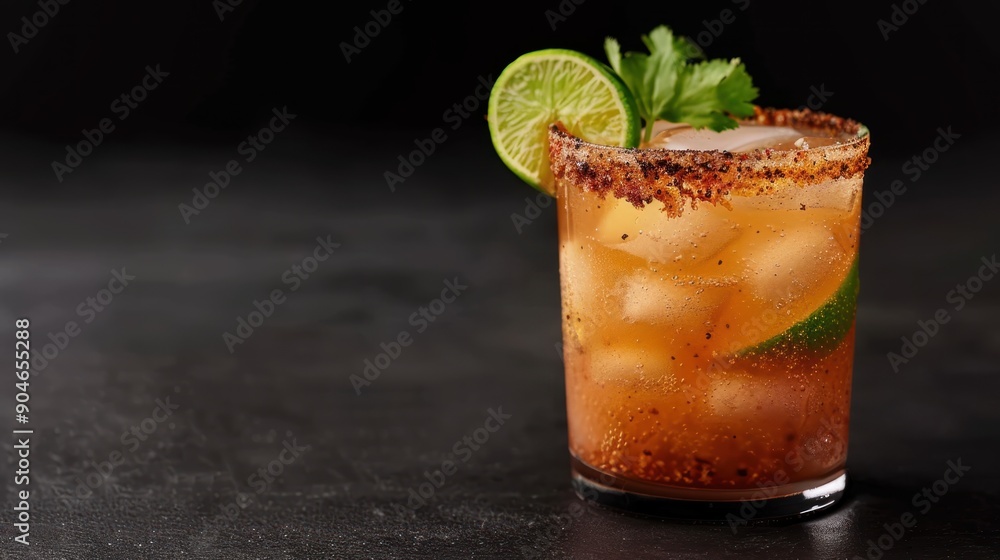 A beautifully layered michelada, garnished with lime and a spicy rim A beautifully layered michelada, garnished with lime and a spicy rim