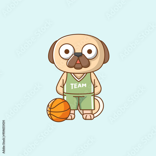 Cute pug dog basketball player play basket kawaii chibi character mascot illustration outline style design