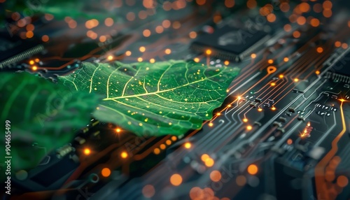 Green leaf resting on electronic circuit board, glowing lines and lights, macro shot, futuristic naturetech fusion photo