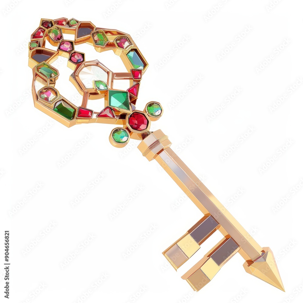 3D Render, Low Poly style of a jeweled key with gemstones, on isolated white background, Generative AI 3D Render, Low Poly style of a jeweled key with gemstones, on isolated white background, Generative AI