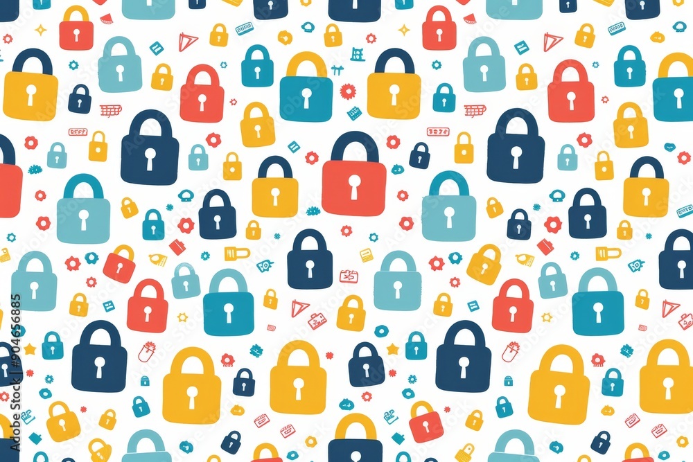 Colorful padlock pattern on a white background, symbolizing diverse security measures and protection in a playful, vibrant style. Colorful padlock pattern on a white background, symbolizing diverse security measures and protection in a playful, vibrant style.