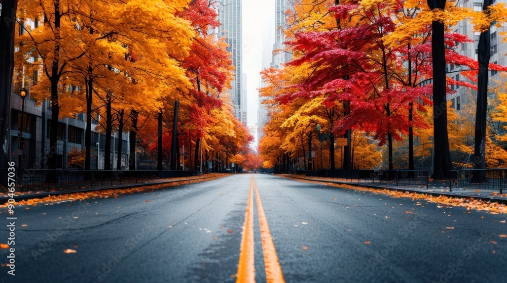 A city street lined with trees in full autumn color
