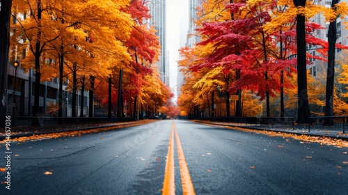 A city street lined with trees in full autumn color photo