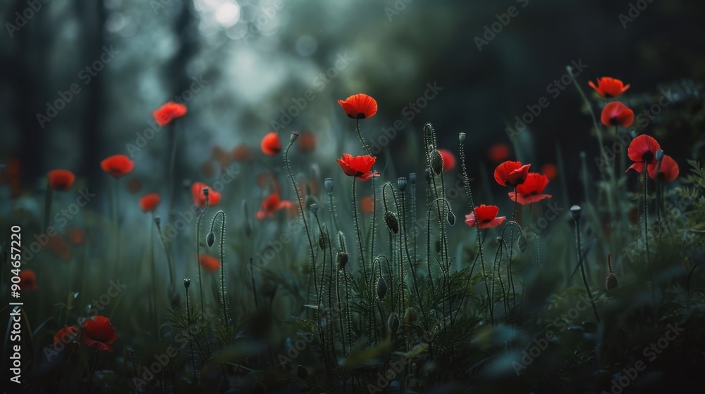 Obraz premium Serene field of vibrant red poppies in a dreamy, mist-covered forest, capturing the beauty of wildflowers in a tranquil, natural setting.