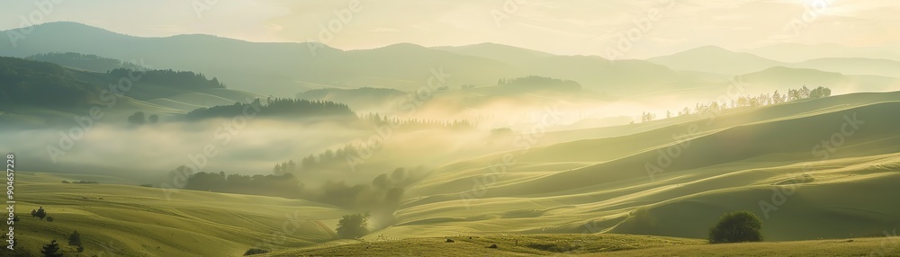 Sunlit rolling hills at dawn with mist, wideangle lens, soft light, panoramic view Sunlit rolling hills at dawn with mist, wideangle lens, soft light, panoramic view
