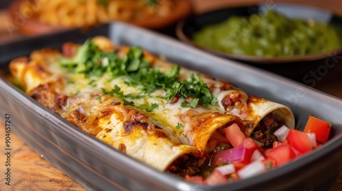 A colorful display of enchiladas verdes, presented as a work of culinary art