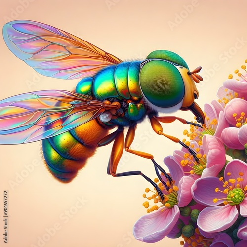 Extreme Macro image of colorful metallic Hover Fly - Ornidia obesa. photo