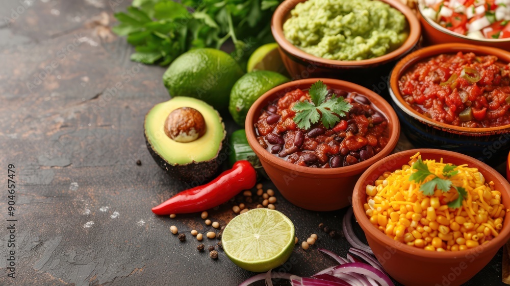 A colorful spread of Mexican foods, with festive decorations and traditional music playing A colorful spread of Mexican foods, with festive decorations and traditional music playing