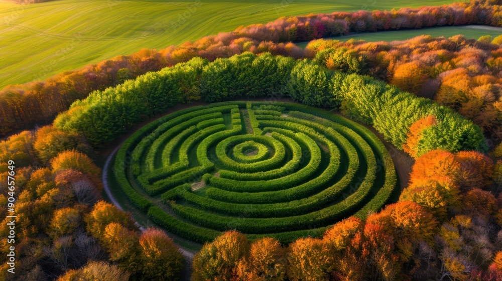 A corn maze with surrounding trees in full autumn color A corn maze with surrounding trees in full autumn color