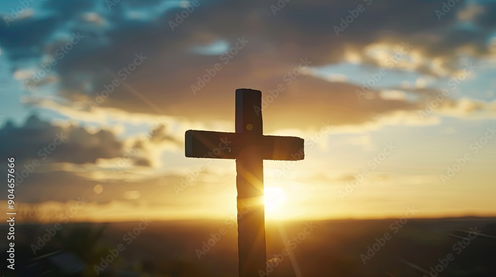 Close-up of a cross in silhouette with a stunning sunrise in the background, symbolizing renewal and faith Close-up of a cross in silhouette with a stunning sunrise in the background, symbolizing renewal and faith