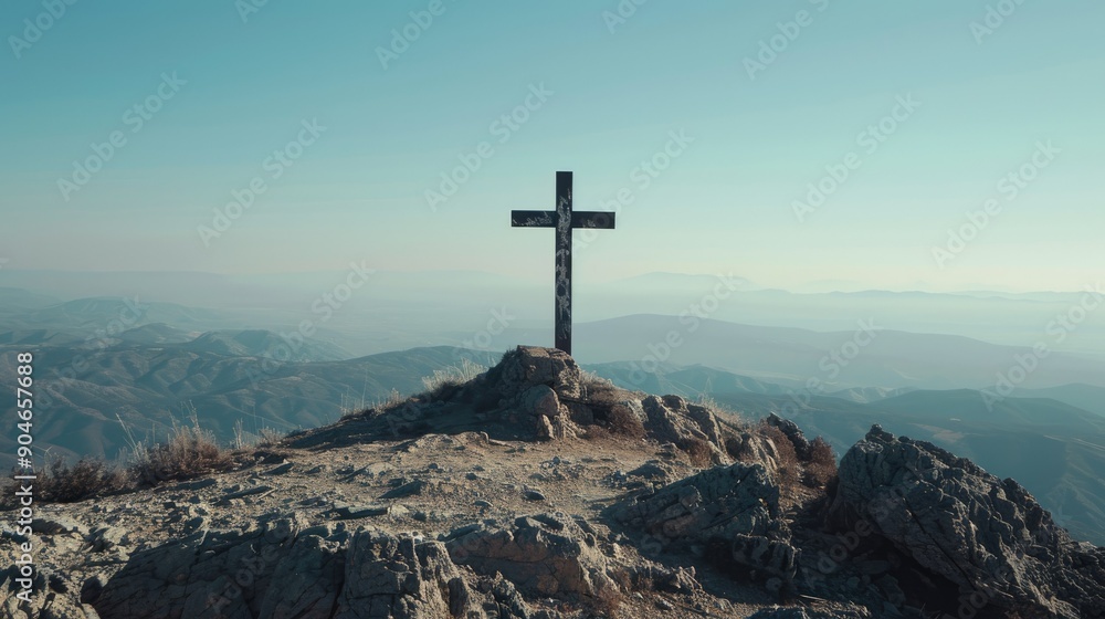 Close-up of a cross on a mountain summit, with expansive views and a clear sky in the background, symbolizing achievement and faith Close-up of a cross on a mountain summit, with expansive views and a clear sky in the background, symbolizing achievement and faith