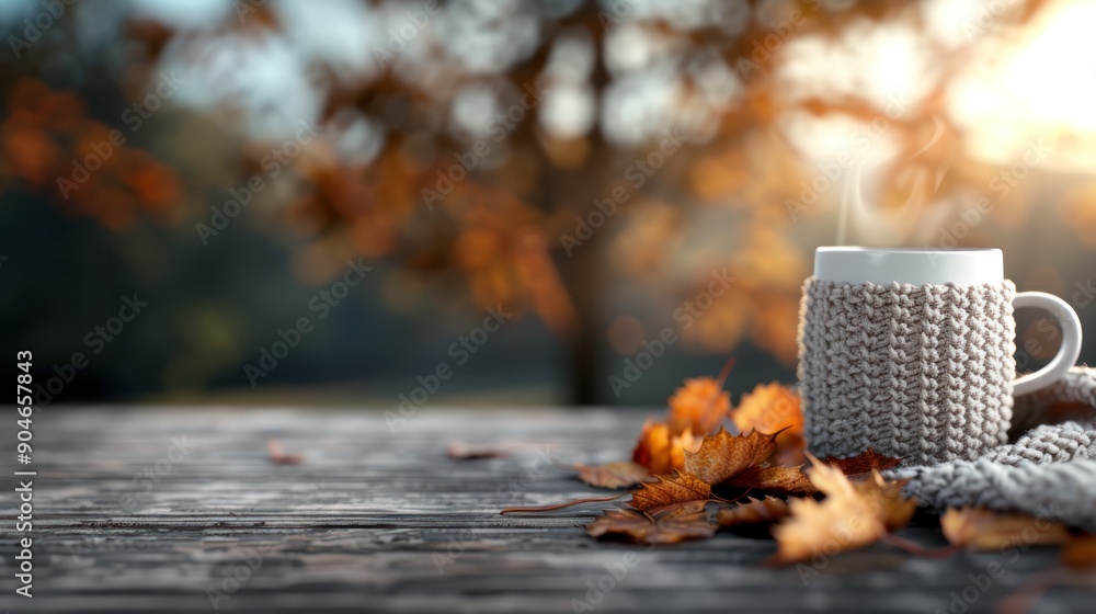 Obraz premium A cozy autumn scene with a leaf pile and a hot drink on a nearby table