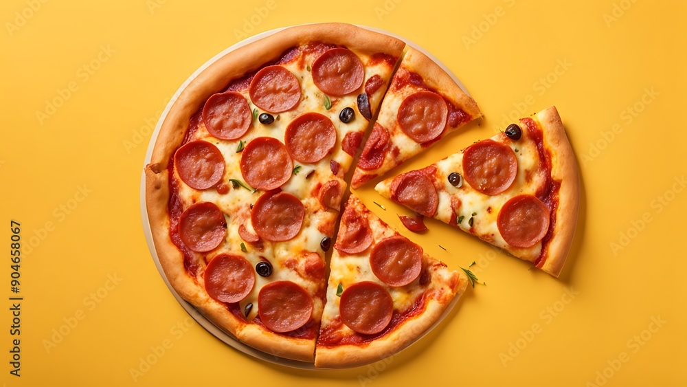 A delicious slice of pepperoni pizza soaring top view yellow background, Generative AI