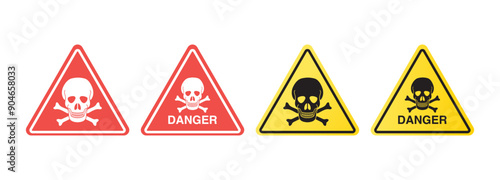 Hazard Warning Danger Signs. Skull, Crossbones, Skeleton, Toxic, Chemical, Danger Zone. Vector Illustrations.