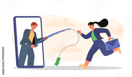 Woman with career trap. Businesswoman runs after fishing rod with suspended banknote. Business risk. Entrepreneur with financial illiteracy and greed. Flat vector illustration