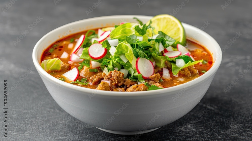 A delicious bowl of pozole rojo, garnished with radishes, lettuce, and lime A delicious bowl of pozole rojo, garnished with radishes, lettuce, and lime
