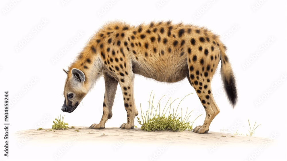 Spotted Hyena: A Detailed Illustration of a Spotted Hyena in its Natural Habitat, Strolling Through Grass in a Serene Landscape Spotted Hyena: A Detailed Illustration of a Spotted Hyena in its Natural Habitat, Strolling Through Grass in a Serene Landscape