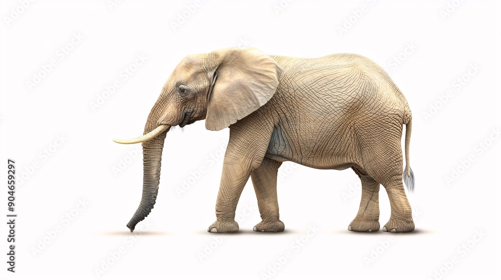 Obraz premium Majestic African Elephant on White: A majestic African elephant, bathed in warm light, stands tall against a clean white backdrop. Its wrinkled skin and powerful tusks speak of age and wisdom