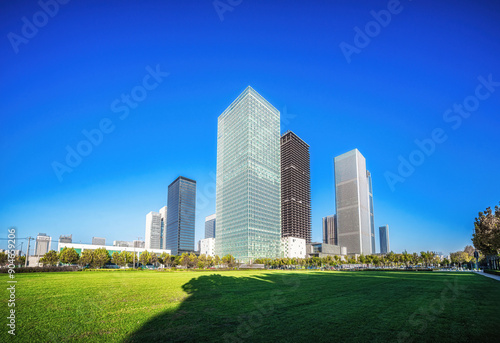 Lush Greenery Fronting Towering City Skyscrapers