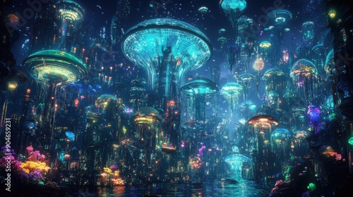 A futuristic underwater city with towering glass domes, bioluminescent plants, and diverse sea creatures interacting with human-like robots, in a vibrant sci-fi cartoon style, on a black background 