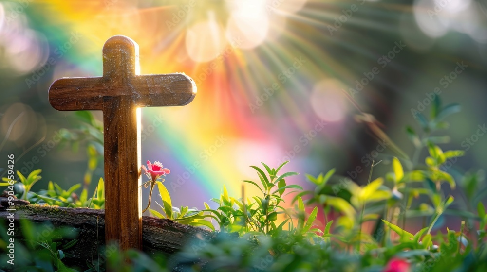 Close-up of a wooden cross with a vibrant rainbow arching across the background, symbolizing hope and faith Close-up of a wooden cross with a vibrant rainbow arching across the background, symbolizing hope and faith