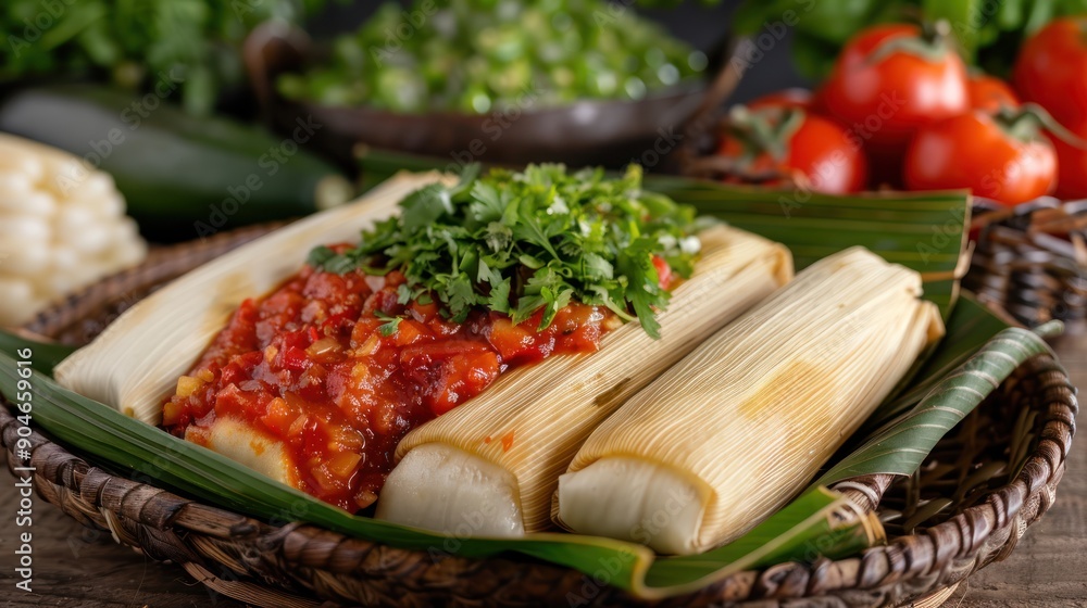 A display of traditional Chiapas tamales, wrapped in banana leaves and served with salsa A display of traditional Chiapas tamales, wrapped in banana leaves and served with salsa