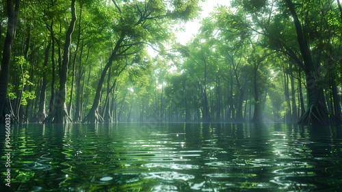 Lush green trees reflected in calm water, creating a serene and tranquil forest scene bathed in soft morning light.