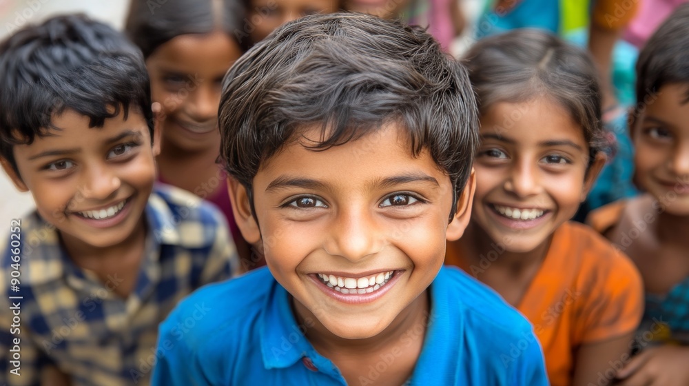 Diverse Group of Joyful Children Smiling Broadly at the Camera with a Focus on a Boy in a Bright Blue Shirt Diverse Group of Joyful Children Smiling Broadly at the Camera with a Focus on a Boy in a Bright Blue Shirt