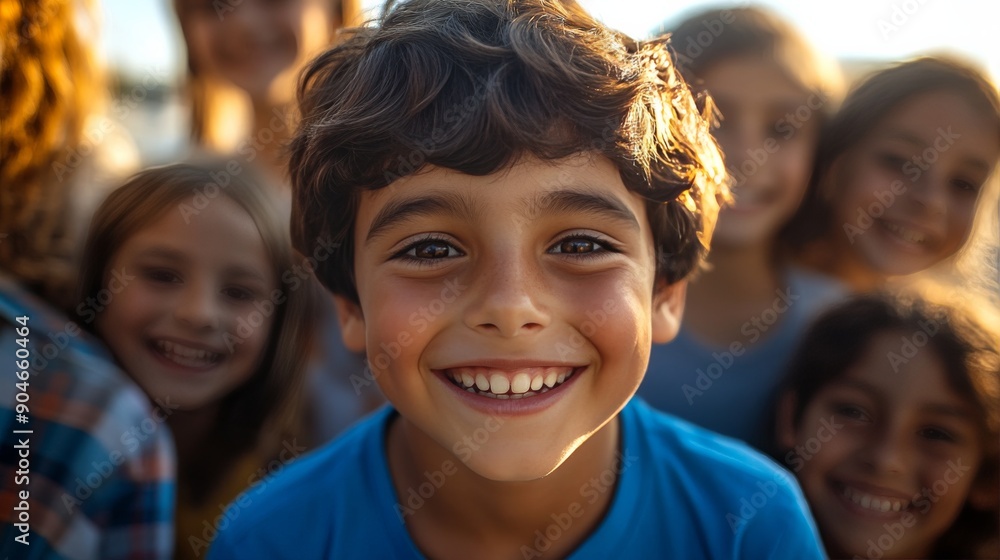 Diverse Group of Joyful Children Smiling Broadly at the Camera with a Focus on a Boy in a Bright Blue Shirt Diverse Group of Joyful Children Smiling Broadly at the Camera with a Focus on a Boy in a Bright Blue Shirt