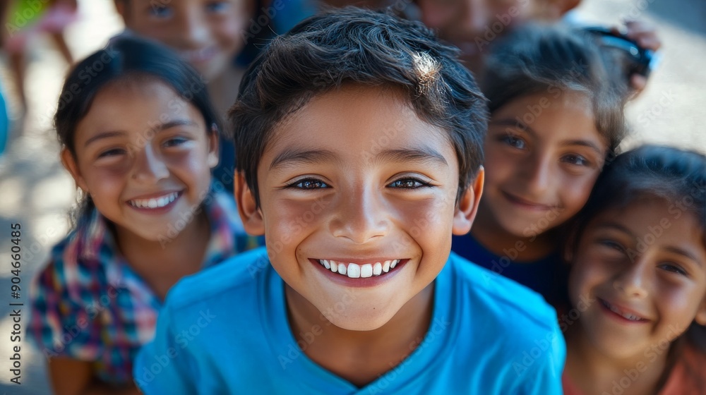 Diverse Group of Joyful Children Smiling Broadly at the Camera with a Focus on a Boy in a Bright Blue Shirt Diverse Group of Joyful Children Smiling Broadly at the Camera with a Focus on a Boy in a Bright Blue Shirt