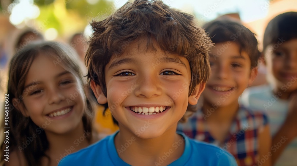 Diverse Group of Joyful Children Smiling Broadly at the Camera with a Focus on a Boy in a Bright Blue Shirt Diverse Group of Joyful Children Smiling Broadly at the Camera with a Focus on a Boy in a Bright Blue Shirt