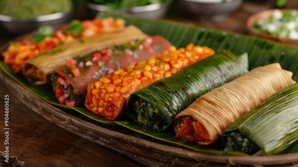A display of traditional Chiapas tamales, wrapped in banana leaves and served with salsa
