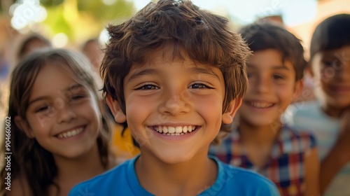 Diverse Group of Joyful Children Smiling Broadly at the Camera with a Focus on a Boy in a Bright Blue Shirt