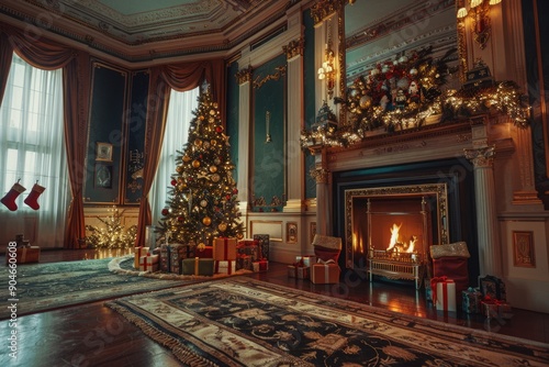 Wallpaper Mural Victorian style living room with fireplace, decorated and illuminated Christmas tree and gift boxes. New Year ambience Torontodigital.ca
