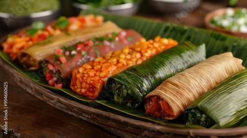 Obraz na płótnie A display of traditional Chiapas tamales, wrapped in banana leaves and served with salsa w salonie