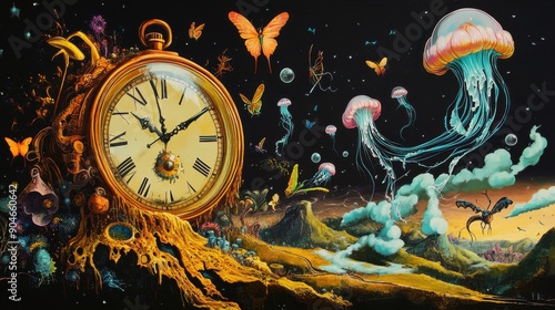 Fotografie A surreal dreamscape with a giant clock melting over a hillside, while whimsical