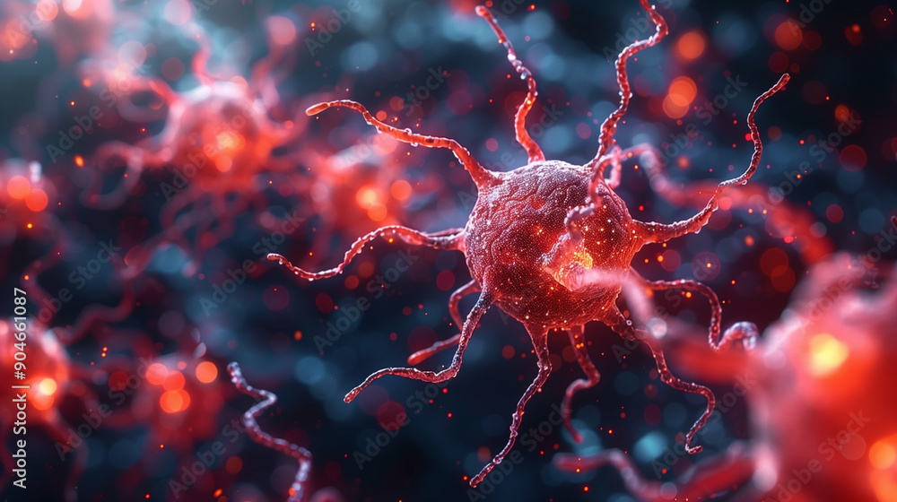 Close-up view of a red virus particle with tendrils in a dark, blurry background, depicting the microscopic world of infectious diseases. Close-up view of a red virus particle with tendrils in a dark, blurry background, depicting the microscopic world of infectious diseases.