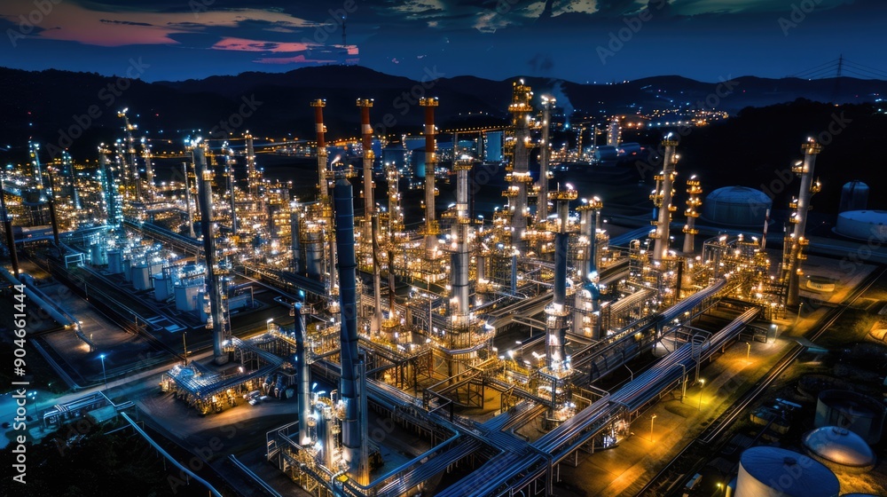 Fototapeta premium Oil refinery plant at night. Illuminated petroleum oil industry factory. Industrial scenery of gas energy production