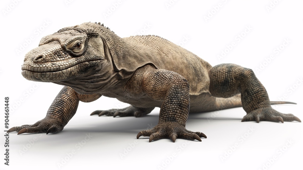 Obraz premium The Komodo Dragon: A majestic and powerful Komodo dragon stands confidently on a white background, showcasing its intricate scales and piercing gaze.