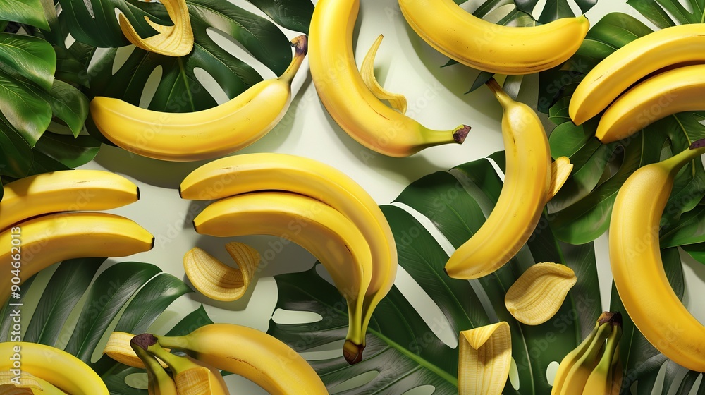 Detailed Texture View of Ripe Bananas: Showcasing Smooth Skin and Slight Curvature with a Playful Background of Various Banana Varieties and Tropical Leaves for a Vibrant Tropical Theme. Detailed Texture View of Ripe Bananas: Showcasing Smooth Skin and Slight Curvature with a Playful Background of Various Banana Varieties and Tropical Leaves for a Vibrant Tropical Theme.