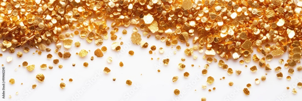 Gold grains on white background. Precious metal dust, glittering golden sand grainy texture Gold grains on white background. Precious metal dust, glittering golden sand grainy texture