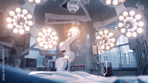 An operating room illuminated by bright surgical lights, with a robotic system prominently featured at the center. photo