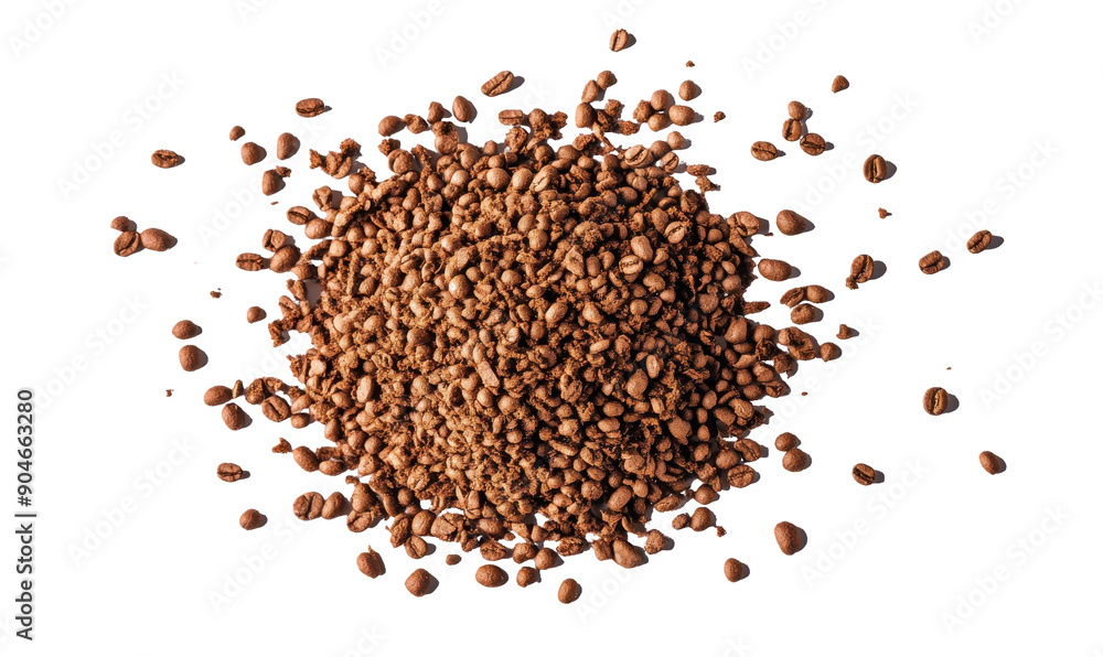 A pile of brown beans on a white background. The beans are scattered and piled up in a heap A pile of brown beans on a white background. The beans are scattered and piled up in a heap