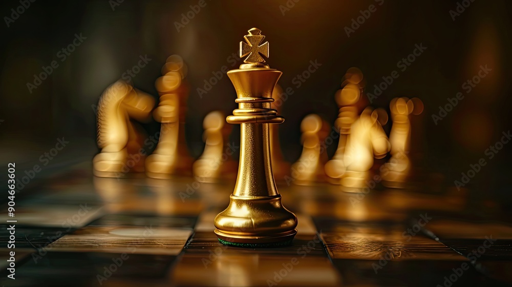 Focused shot of a golden king chess piece with a strategic game setup behind, highlighting the importance of key moves Focused shot of a golden king chess piece with a strategic game setup behind, highlighting the importance of key moves