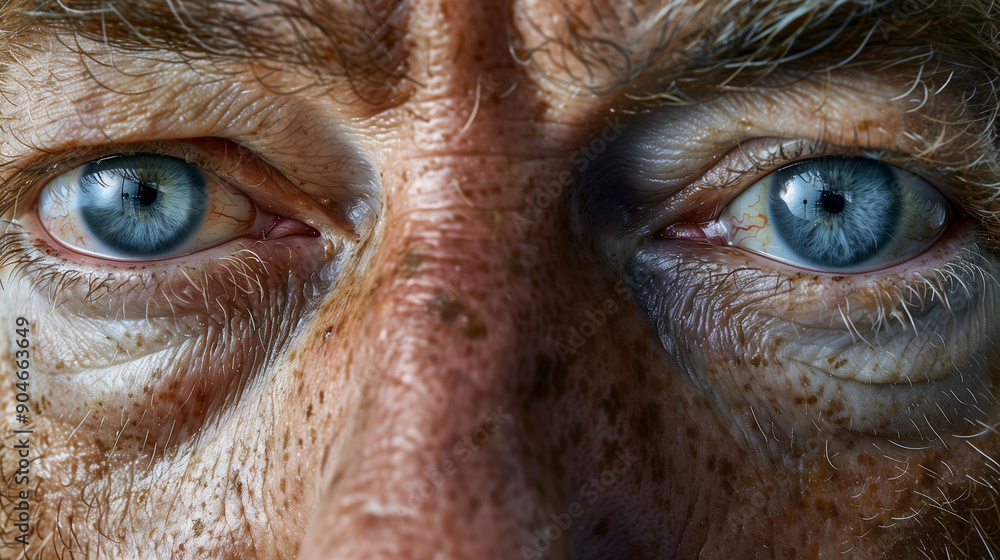 Close-up of an elderly man's blue eyes displaying deep wrinkles and fine details on his face, highlighting age and experience. Close-up of an elderly man's blue eyes displaying deep wrinkles and fine details on his face, highlighting age and experience.